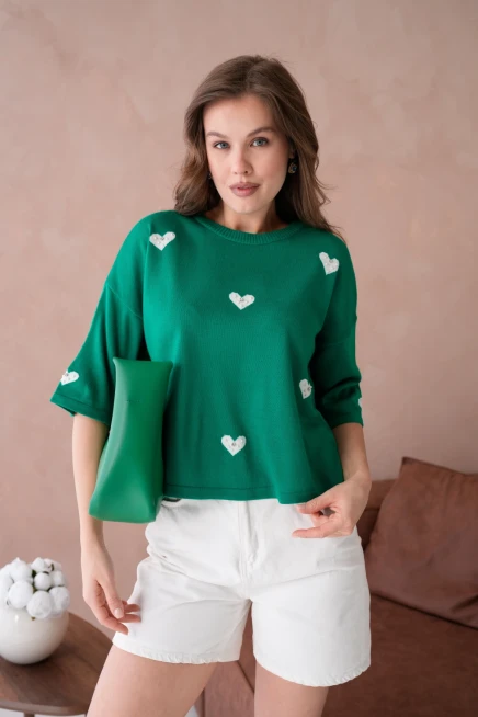 Kadın Bisiklet Yaka Taş İşlemeli Salaş Triko Kazak