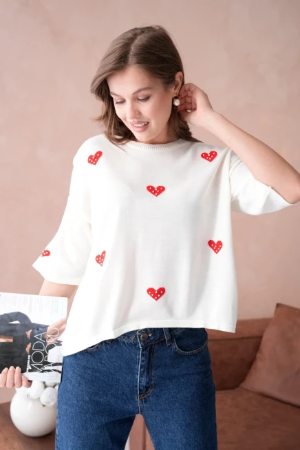 Kadın Bisiklet Yaka Taş İşlemeli Salaş Triko Kazak