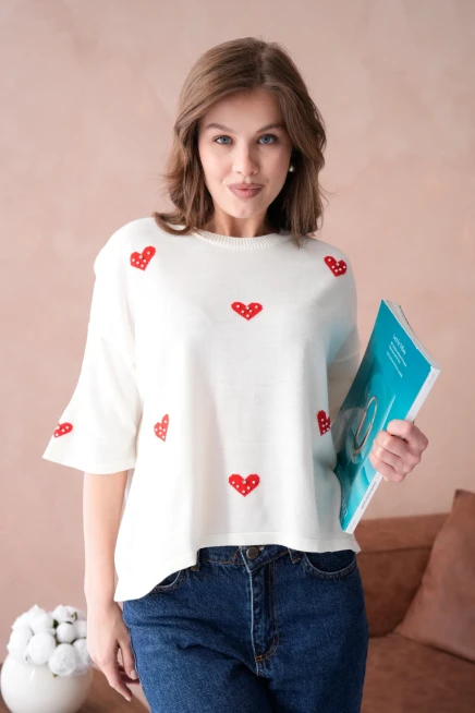 Kadın Bisiklet Yaka Taş İşlemeli Salaş Triko Kazak