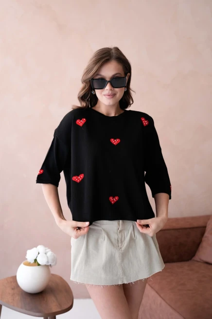 Kadın Bisiklet Yaka Taş İşlemeli Salaş Triko Kazak