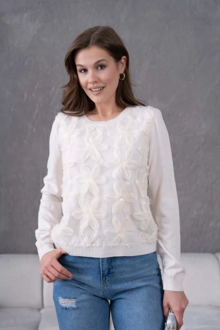 Bisiklet Yaka Tül Detaylı Aplikeli Triko Kazak