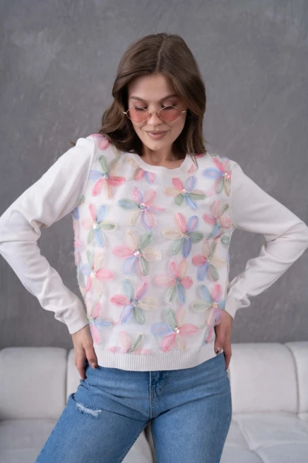 Bisiklet Yaka Tül Detaylı Aplikeli Triko Kazak