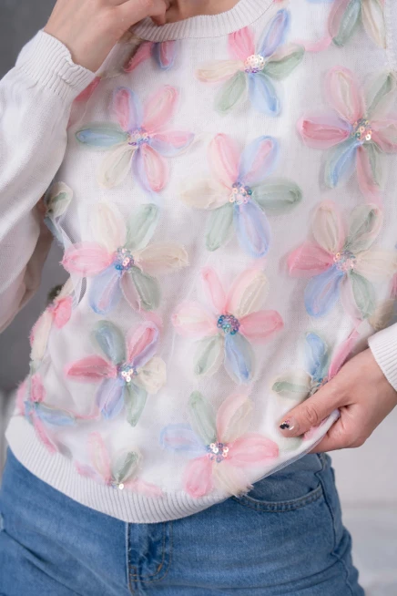 Bisiklet Yaka Tül Detaylı Aplikeli Triko Kazak