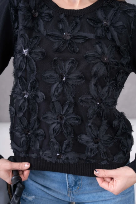 Bisiklet Yaka Tül Detaylı Aplikeli Triko Kazak