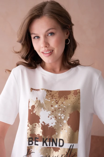 Bisiklet Yaka Varak Baskılı Basic T-Shirt