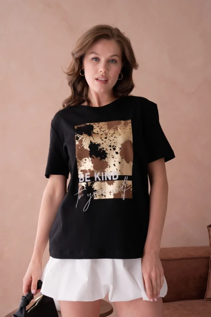 Bisiklet Yaka Varak Baskılı Basic T-Shirt