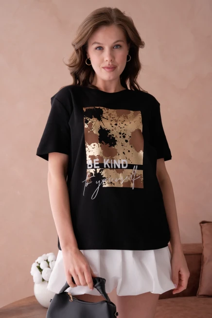 Bisiklet Yaka Varak Baskılı Basic T-Shirt