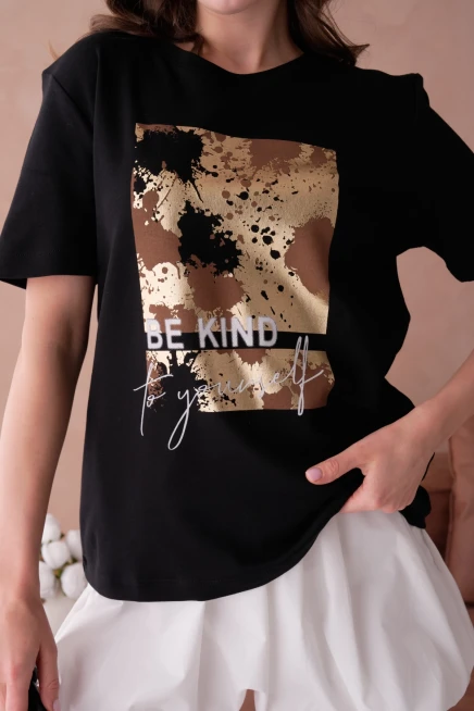 Bisiklet Yaka Varak Baskılı Basic T-Shirt