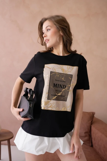 Bisiklet Yaka Varak Baskılı Basic T-Shirt