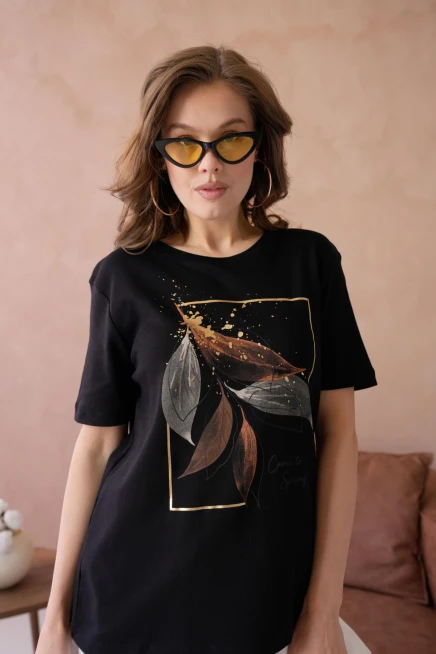 Bisiklet Yaka Varak Baskılı Basic T-Shirt