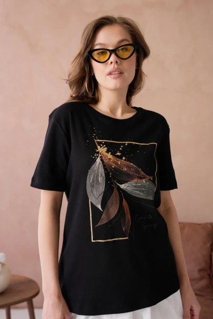 Bisiklet Yaka Varak Baskılı Basic T-Shirt