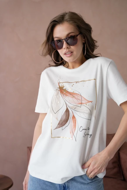 Bisiklet Yaka Varak Baskılı Basic T-Shirt