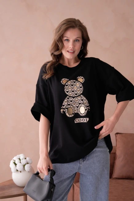 Bisiklet Yaka Varak Baskılı Salaş Basic T-Shirt