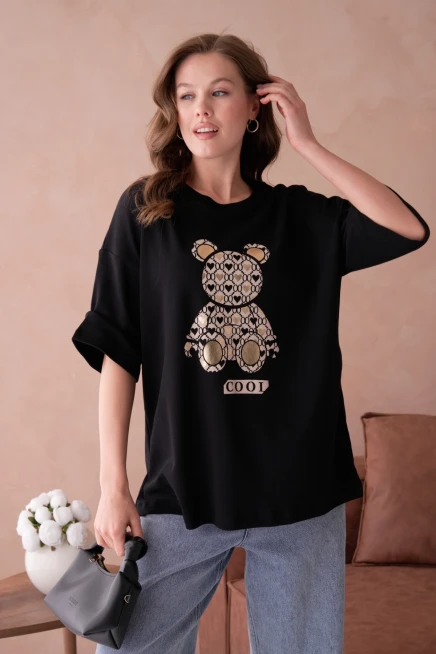 Bisiklet Yaka Varak Baskılı Salaş Basic T-Shirt