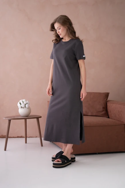 Bisiklet Yaka Yırtmaçlı Salaş Basic Penye Elbise