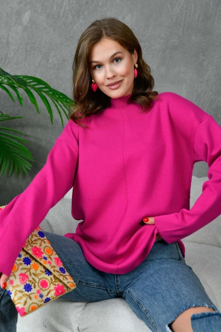 Kadın Dik Yaka Salaş Triko Kazak