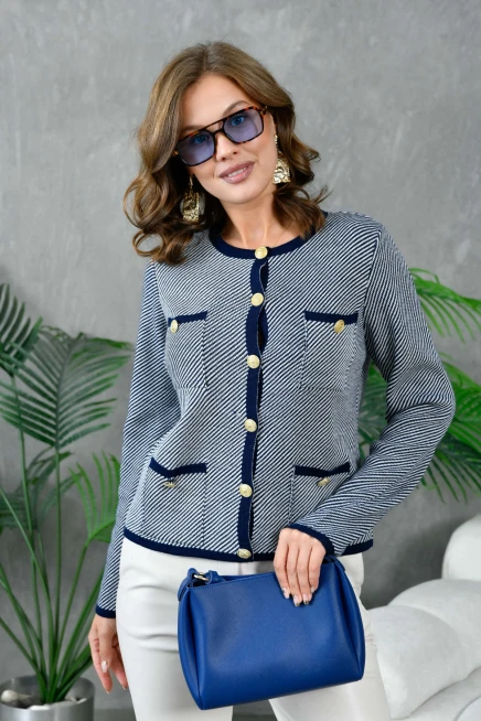 Kadın Düğme Detay Çizgili Triko HIrka