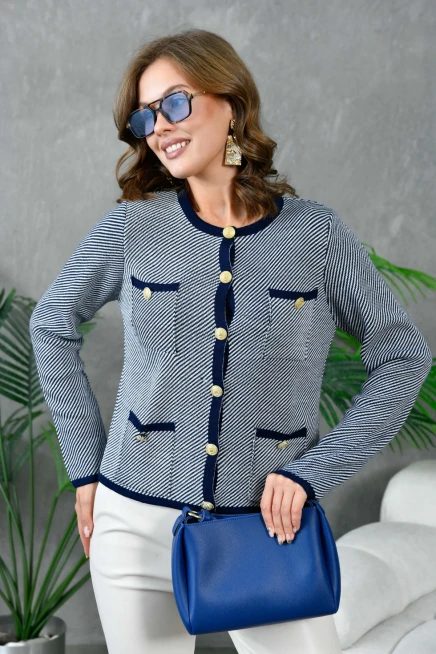 Kadın Düğme Detay Çizgili Triko HIrka