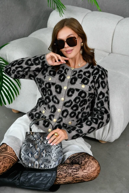 Kadın Düğme Detay Desenli Triko Hırka