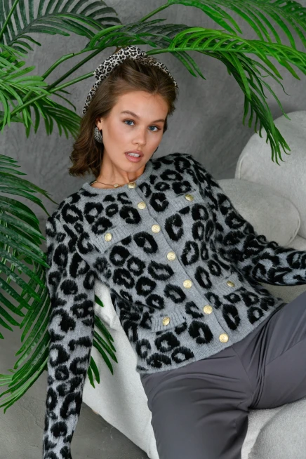 Kadın Düğme Detay Desenli Triko Hırka