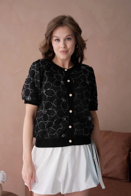 Düğme Detay Full Tül Kısa Kollu Triko Hırka