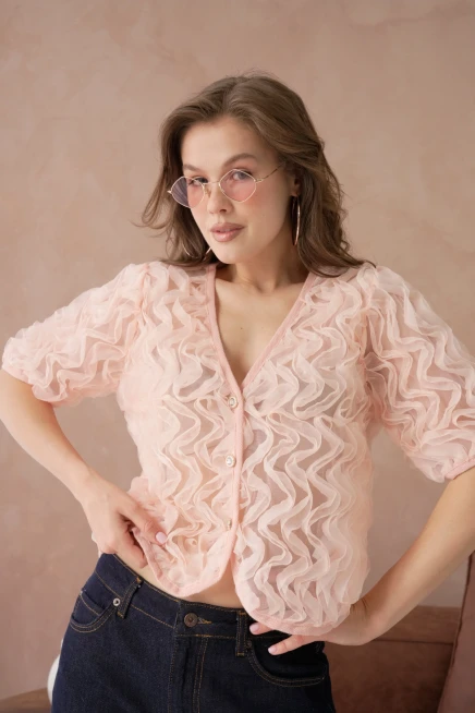 Fır Fır Detay Düğmeli Full Tül Bluz