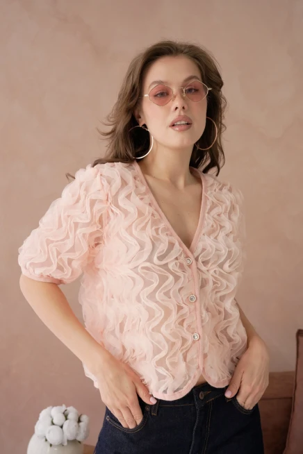 Fır Fır Detay Düğmeli Full Tül Bluz