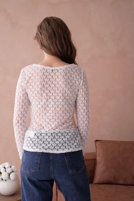 Geniş Yaka Dantel Uzun Kol Top Bluz