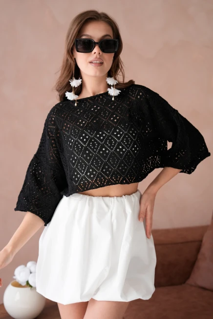 Kadın Kayık Yaka Ajurlı Triko Kazak