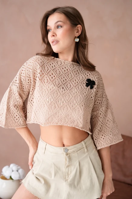 Kadın Kayık Yaka Ajurlı Triko Kazak