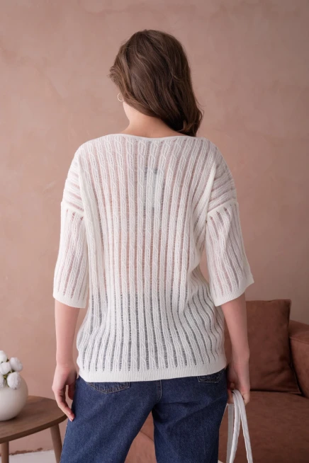 Kayık Yaka Çiçek Aplikeli Salaş Triko Kazak