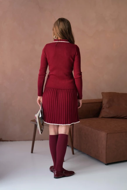 Kadın Polo Yaka Düğme Detay Kazak Etekli İkili Triko Takım