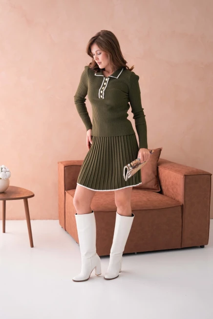 Kadın Polo Yaka Düğme Detay Kazak Etekli İkili Triko Takım