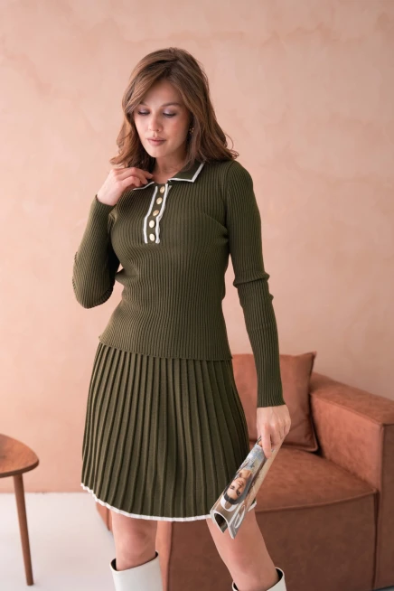 Kadın Polo Yaka Düğme Detay Kazak Etekli İkili Triko Takım