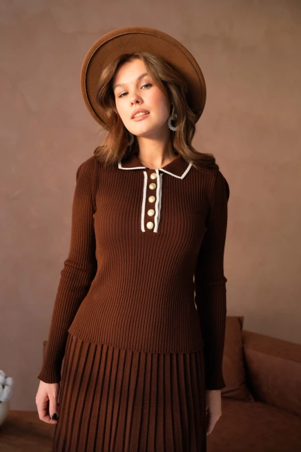 Kadın Polo Yaka Düğme Detay Kazak Etekli İkili Triko Takım