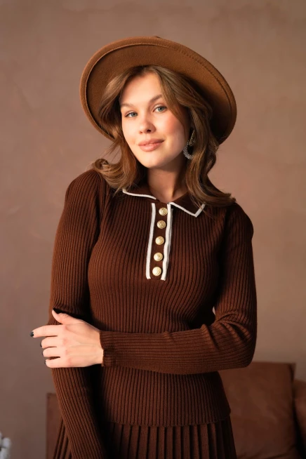 Kadın Polo Yaka Düğme Detay Kazak Etekli İkili Triko Takım