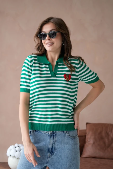 Polo Yaka Nakış Detaylı Çizgili Triko Kazak