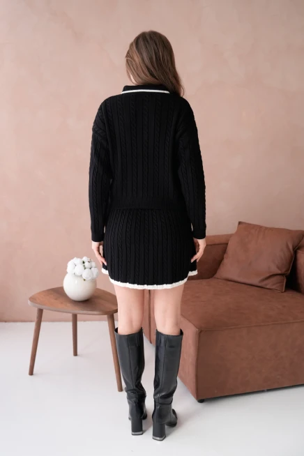 Kadın Polo Yaka Örgü Detay Etekli İkili Triko Takım