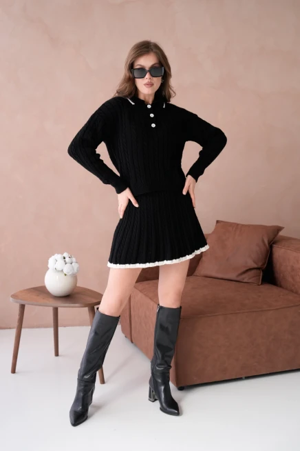 Kadın Polo Yaka Örgü Detay Etekli İkili Triko Takım