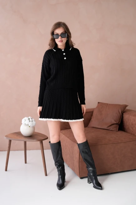 Kadın Polo Yaka Örgü Detay Etekli İkili Triko Takım