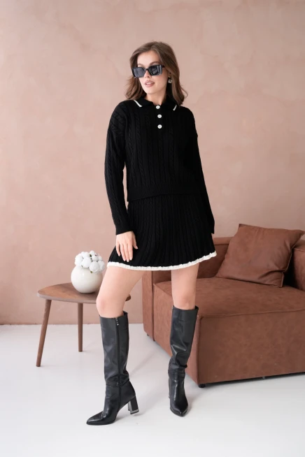 Kadın Polo Yaka Örgü Detay Etekli İkili Triko Takım