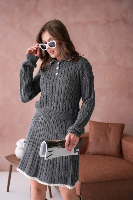 Kadın Polo Yaka Örgü Detay Etekli İkili Triko Takım