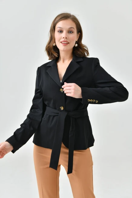 Kadın Siyah Kuşak Detaylı Slim Blazer Ceket
