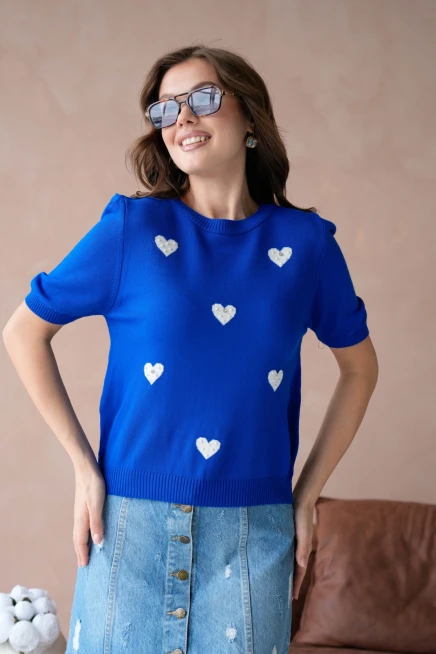 Kadın Taş İşlemeli Kalpli Triko Kazak