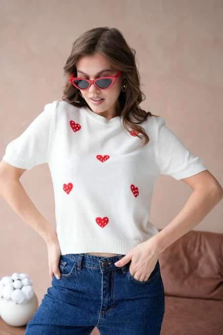 Kadın Taş İşlemeli Kalpli Triko Kazak