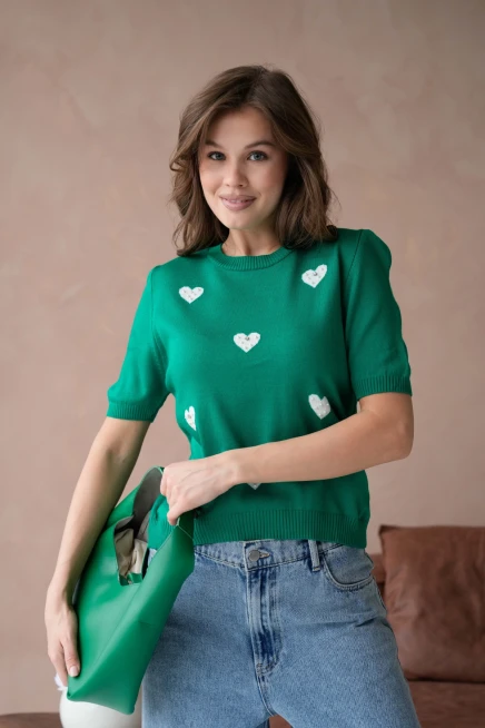 Kadın Taş İşlemeli Kalpli Triko Kazak