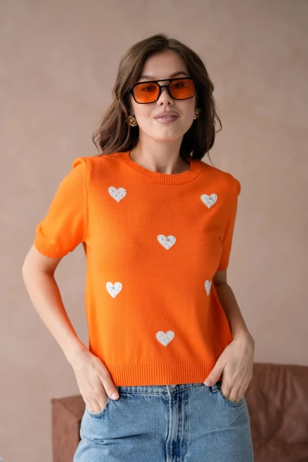 Kadın Taş İşlemeli Kalpli Triko Kazak