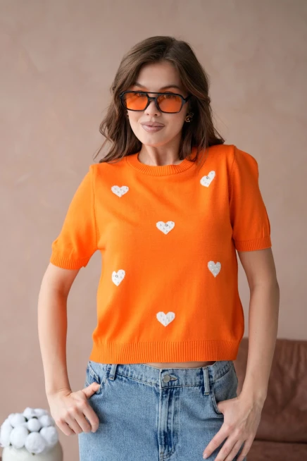 Kadın Taş İşlemeli Kalpli Triko Kazak