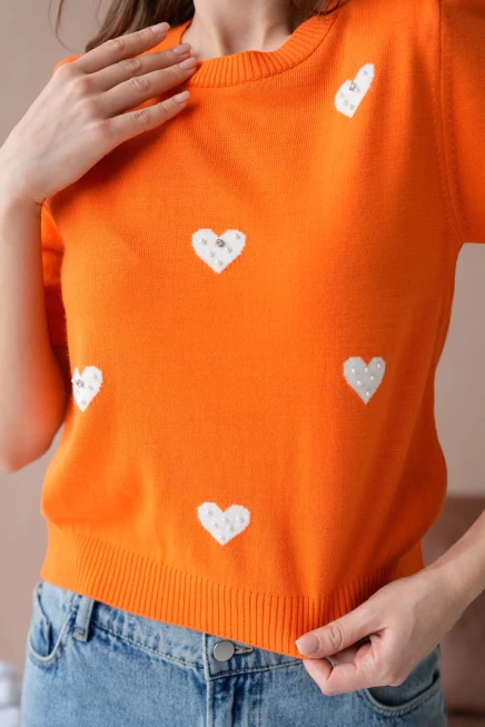 Kadın Taş İşlemeli Kalpli Triko Kazak