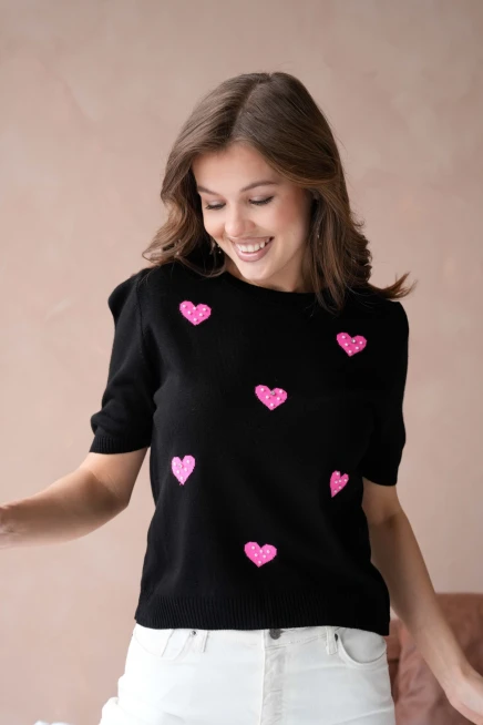 Kadın Taş İşlemeli Kalpli Triko Kazak